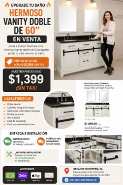 🔥 UPGRADE YOUR BATHROOM FAST 🔥 ✨ BEAUTIFUL 60” DOUBLE SINK VANITY FOR SALE ✨  Hi everyone! We have this gorgeous Home Decorators Collection Merceza 
