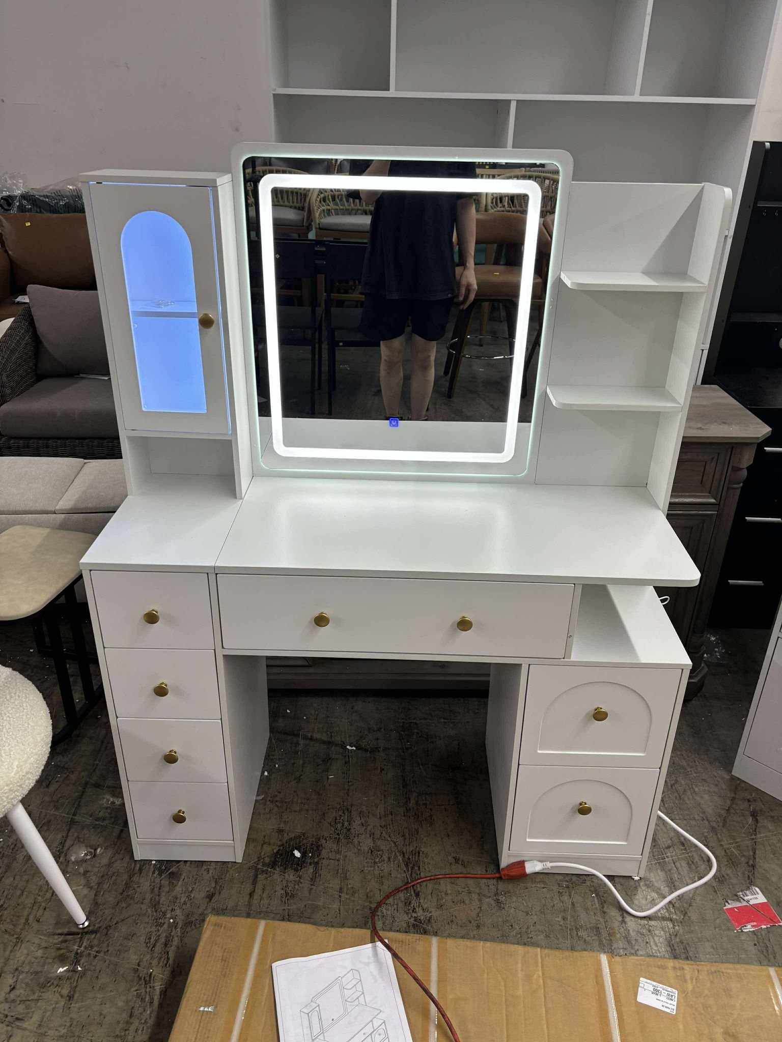 Large White Vanity Desk with Mirror, Lights and Charging Station,Vanity Desk
