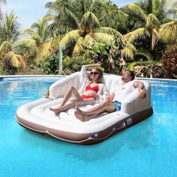 Pool Float with Canopy, Inflatable Floating Island 2 Person with UPF50+ Detachable Sunshade, 2 Cup Holders, Max Load 440 Lbs, 71" x 71" Heavy Duty Poo