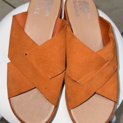 Sorel Cameron Women's Sz 8 Orange Nubuck Platform Wedge Mule Sandals