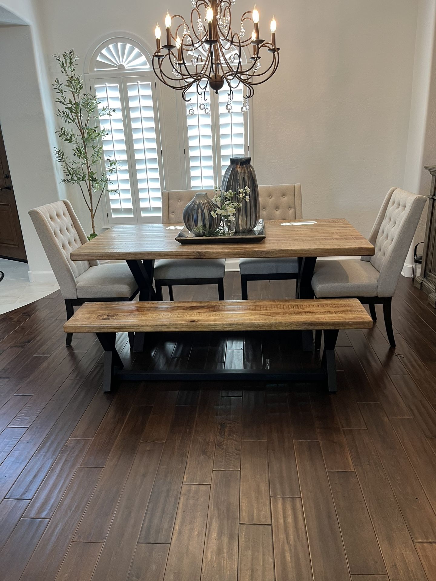 Solid Wood Dining Table, Bench & 4 Chairs