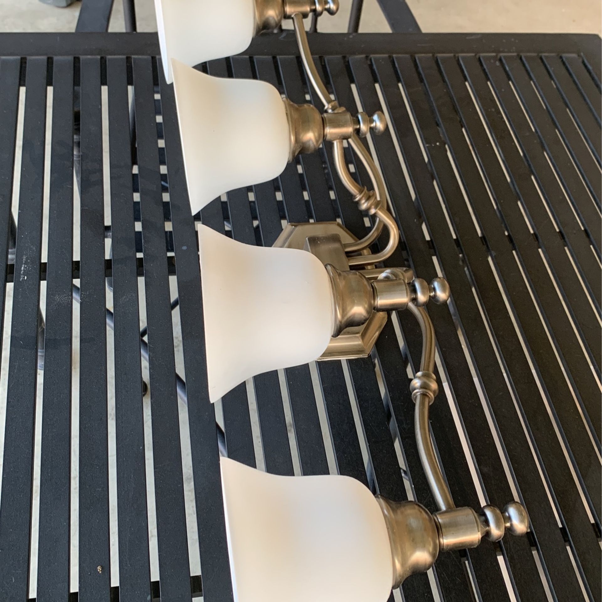 Brushed Nickel Finish Bathroom Light Fixture Alabaster Glass Bells