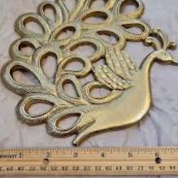 RARE  Vintage Solid Brass trivet -gold peacock