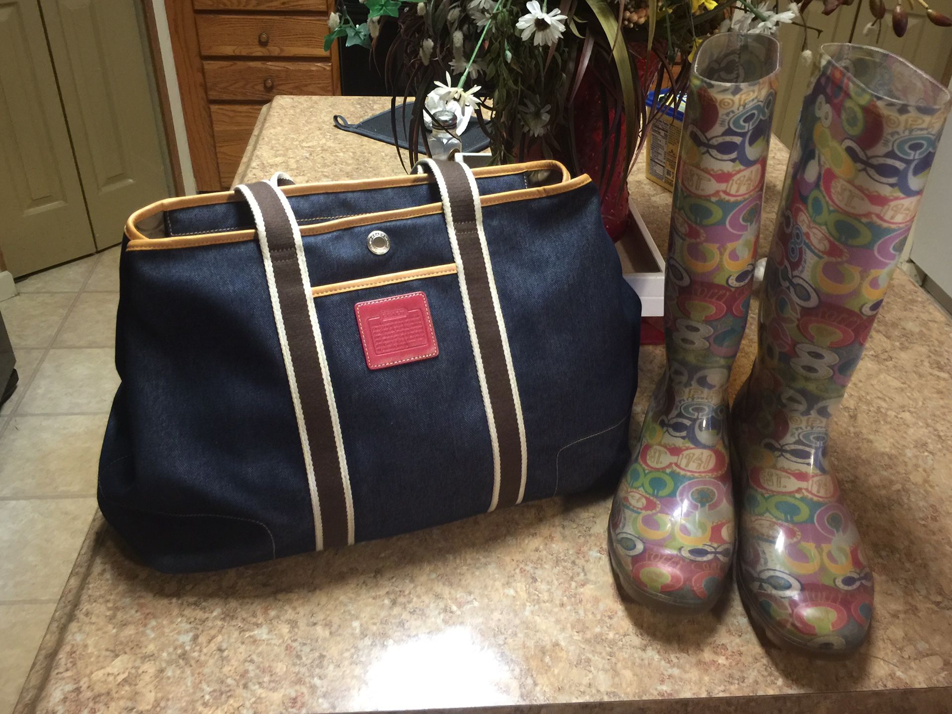 Coach denim handbag and size 10 coach rain boots.