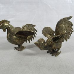 Fighting Cocks Roosters Mid Century Vintage Brass Figurines Statues
