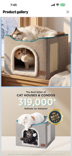 Bedsure Cat Beds for Indoor Cats - Large Cat Cave for Pet Cat House with Fluffy Ball Hanging and Scratch Pad, Foldable Cat Hideaway, 16.5x16.5x13 inch