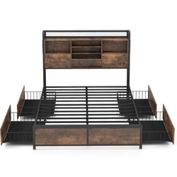 Vintage Brown Metal Frame Full Size Platform Bed Frame w/Bookcase Headboard and 4 Storage Drawers