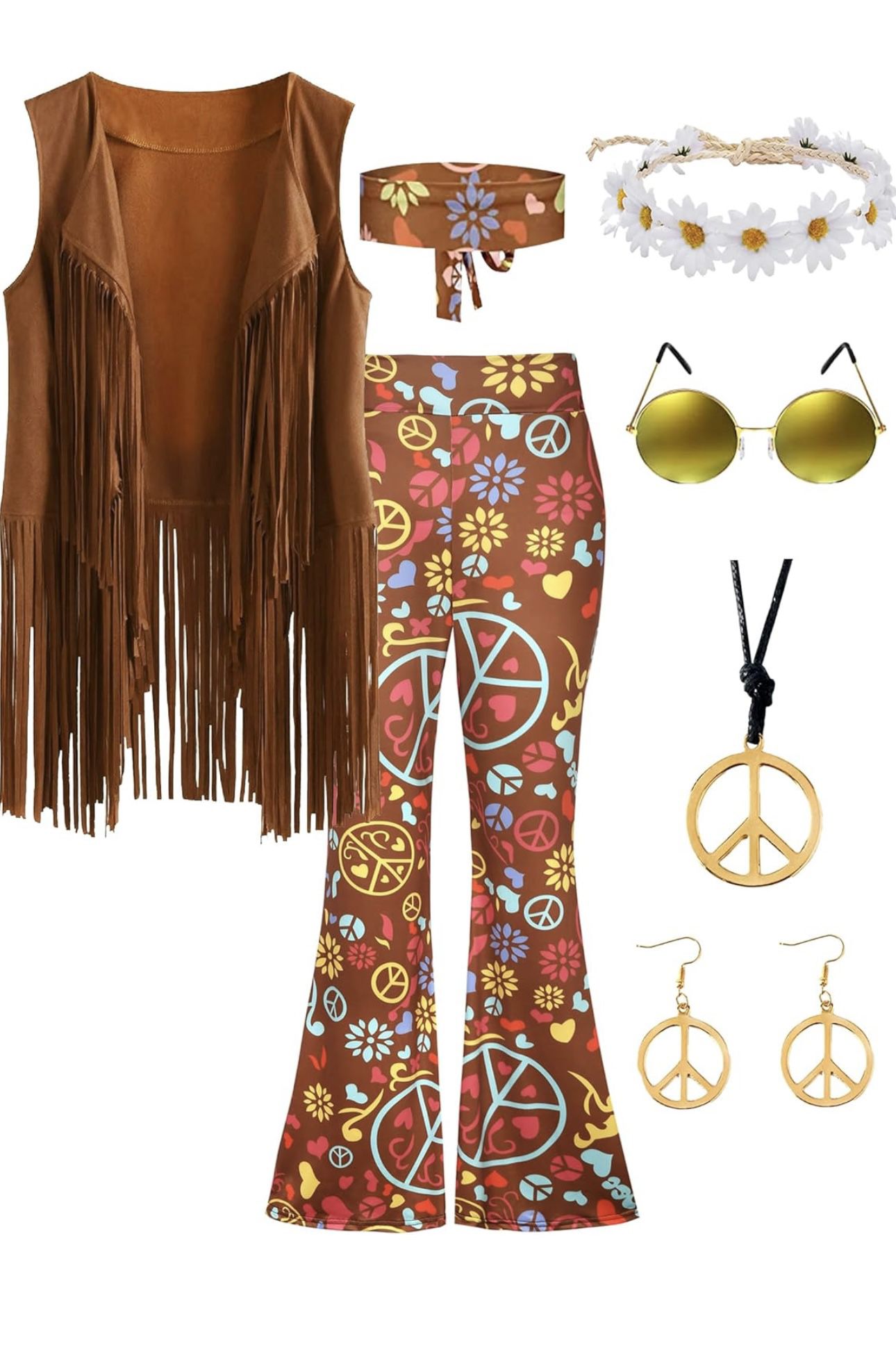 60s 70s Outfit For Women Hippie Costume 8pcs Fringe Vest Flared Pants Costume Peace Sign Necklace Earrings