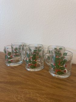 “Holly Berry" Indiana Glass Vintage Christmas Set of 6 Mugs/Cups 1960s
