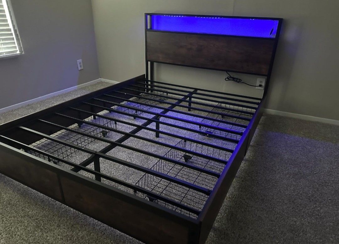 Queen Size Bedframe With LED And USB Charging Station
