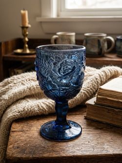 Vintage Cobalt Blue Rose Pattern Goblet – Elegant Pressed Glass Barware
