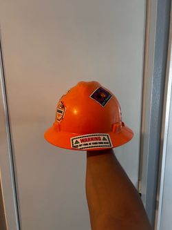 Used Orange Full Brim Hard Hat with Stickers
