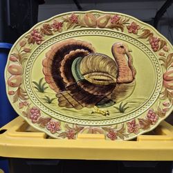 Vintage Lefton Oval Turkey Thanksgiving Dinner Platter Green Harvest Japan