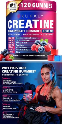 KUKALY Gomitas de monohidrato de creatina para hombres y mujeres, 8500 mg de creatina, sin azúcar, mezcladas con L-taurina, BCAA 2:1, B12 B6 para aume