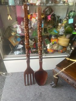 Vintage 1970s large tiki carved wood fork and spoon 42inches long