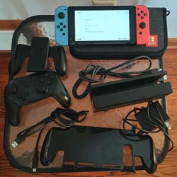 Nintendo Switch V2 Console with Neon Red and Neon Blue Joy-Con Case & Pro Controller