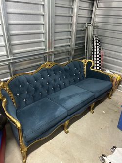 Victorian Glam Sofa 92” – Navy Velvet Gold Crystal Tufted Couch restored