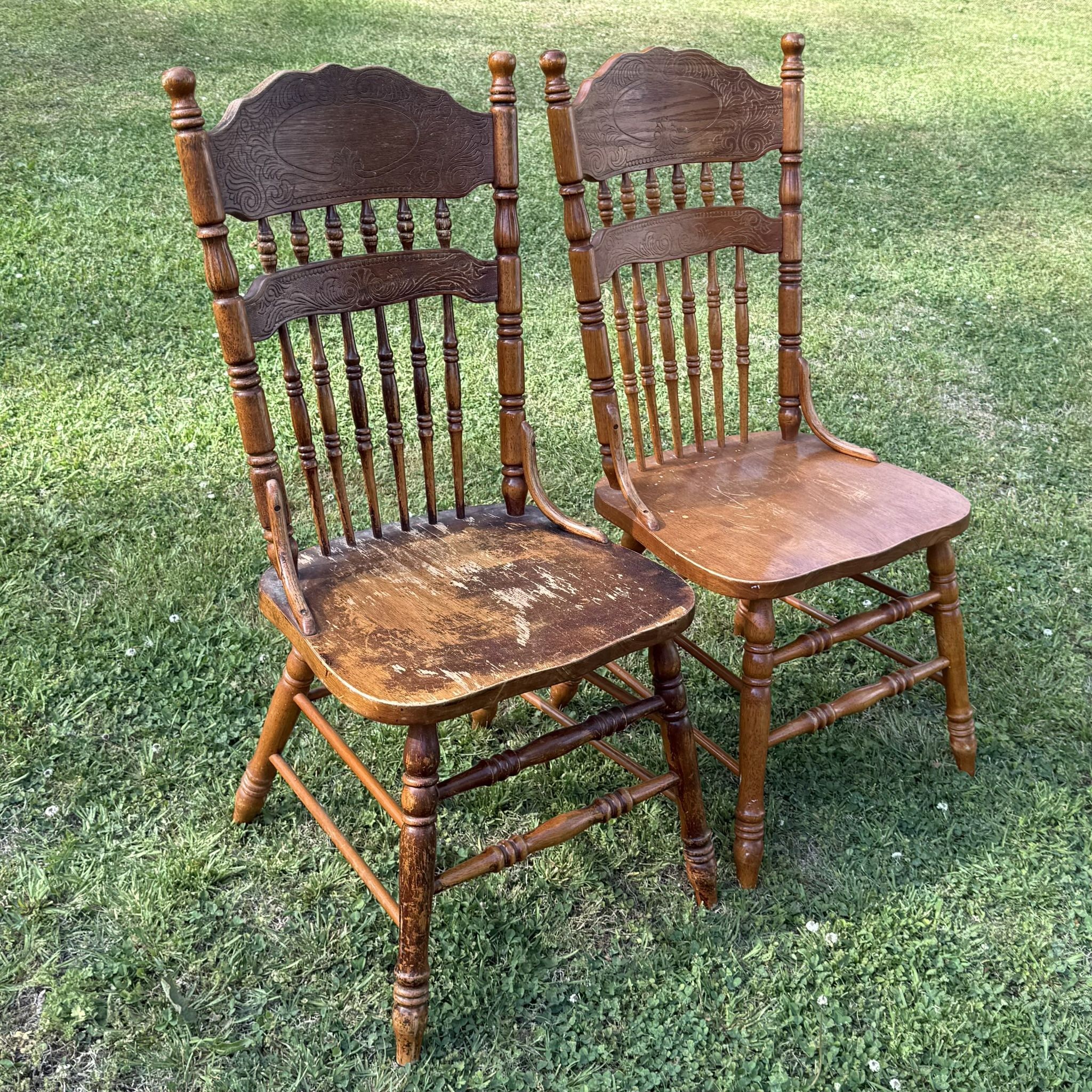 Vintage Pair Of Wood Oak Press Back Chairs