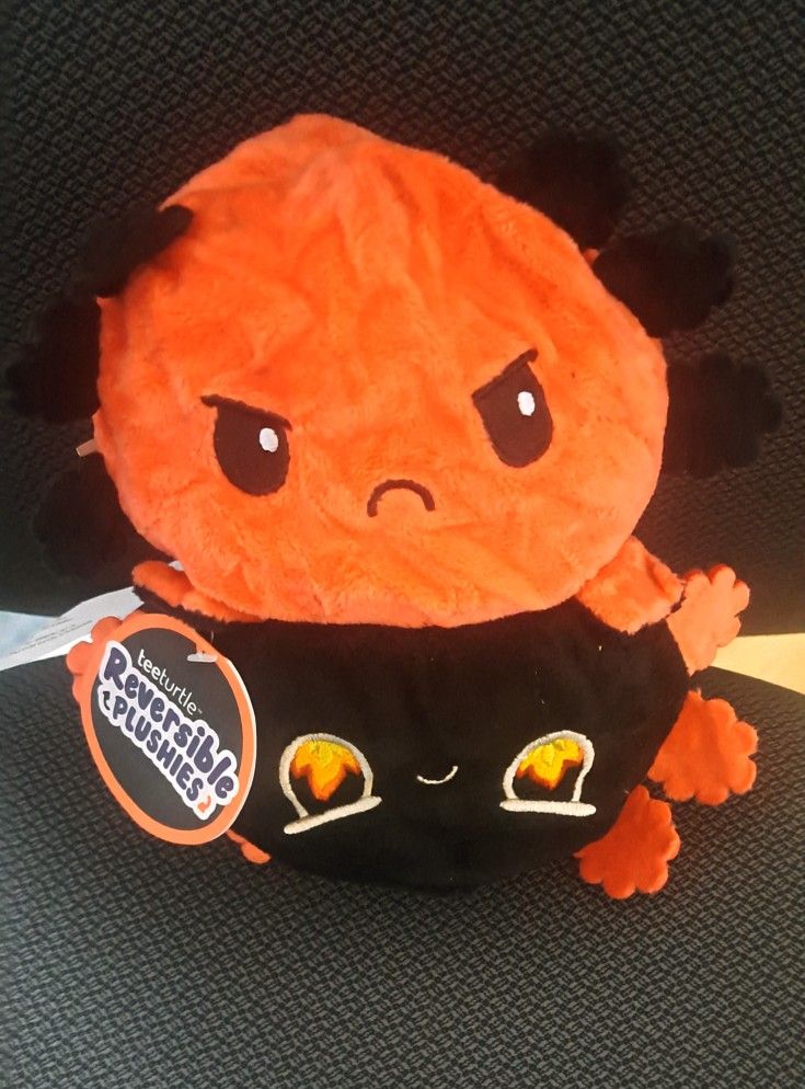 TeeTurtle Reversible Axolotl Plush Black Orange Angry Face Stuffed Animal Toy
