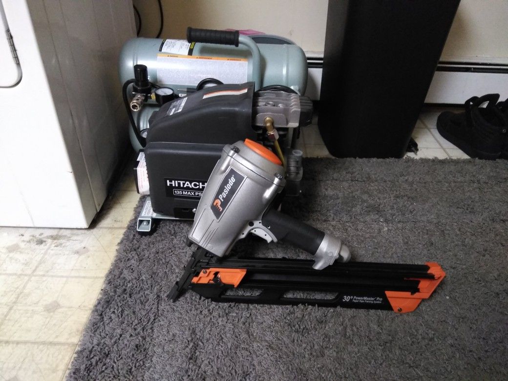 Brand new Hitachi air compressor and paslode 30° nail gun