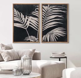 New Black White Palm Tree Leaf Minimalist Artwork, 2 Pieces Print Wall Art with Wooden Frame