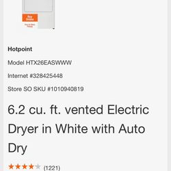 Hotpoint Dryer 6.2 cubic feet