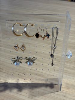 5-Piece Fashion Jewelry Set – Pearl Bow Studs, Gold Hoops, Clover Drops & Delicate Necklace