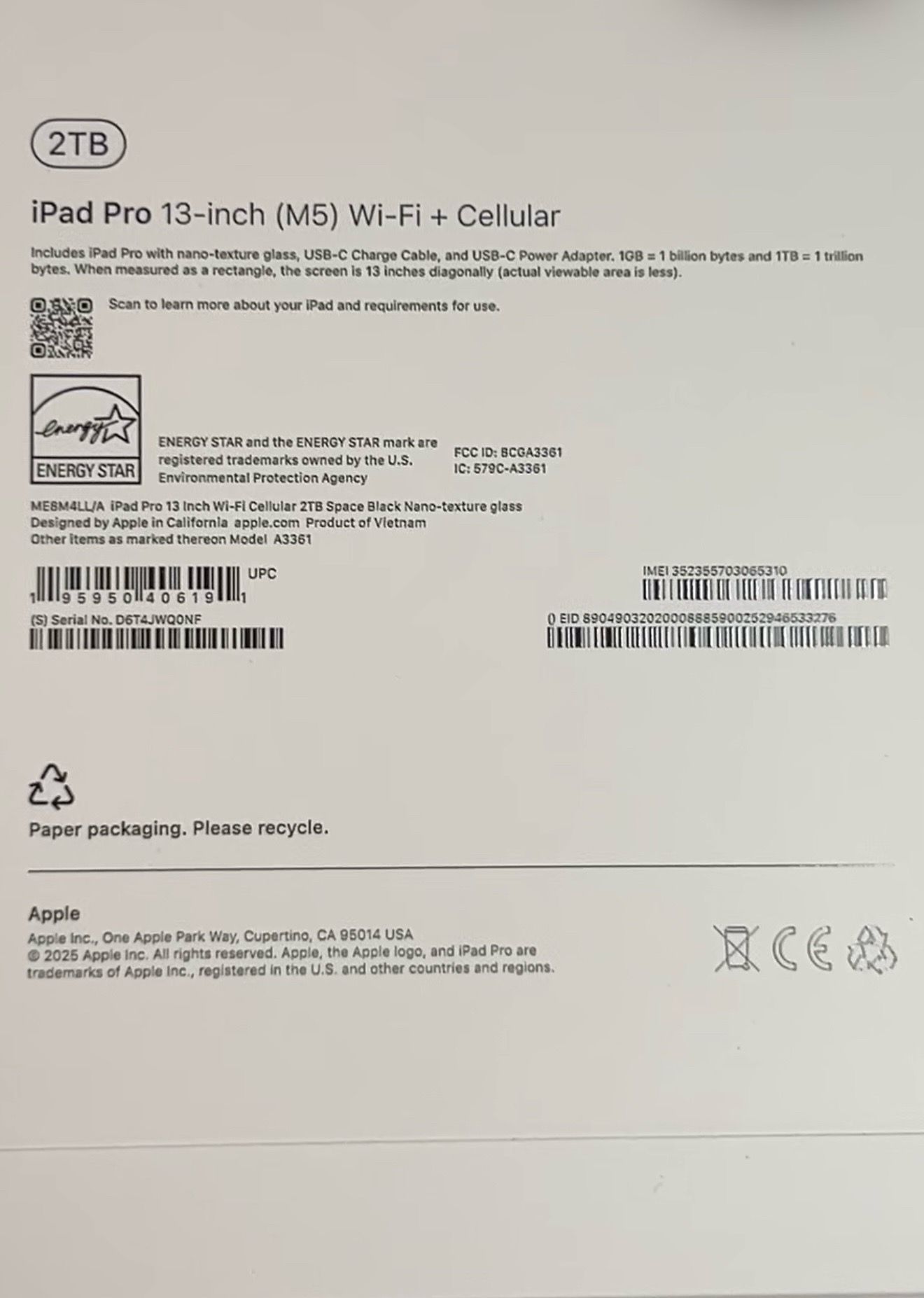 13-inch iPad Pro Wi-Fi + Cellular 2TB with standard glass - Space Black