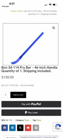 Bon 34-114 Pry Bar - 46-inch Handle