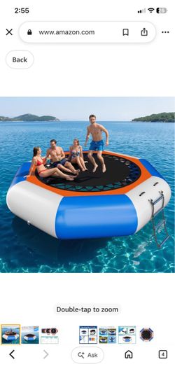 AMERLIFE 12ft Inflatable Water Trampoline with 3 Side Platforms, High Elastic Jump Net, PVC Floating Water Bouncer with Pump