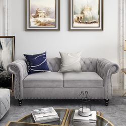 Chesterfield Loveseat, Modern Velvet Sofa Tufted Couch 2 Seater with Scroll Arms and Nailhead for Living Room, Bedroom, Office, Apartment (Grey)