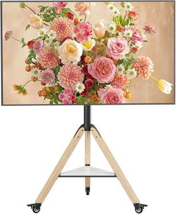 Corner tv Stand with Wheels for 40 50 55 60 65 70 75 Inch up to 110lbs Extremely strong load-bearing capacity Flat tripod Wood Floor rolling TV Mount