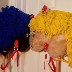 Vintage Hand Made Blue & Yellow Yarn Hair Horses 41" tall includes horse heads 13" x 14"