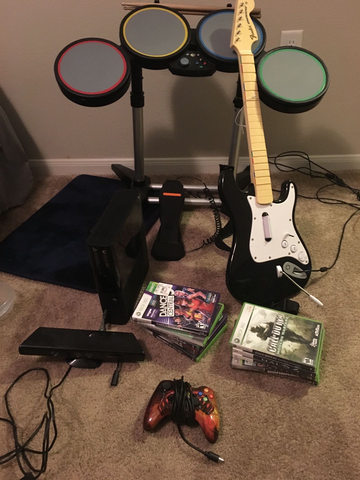 Xbox 360, Kinect, Rock Band Drums and Guitars