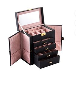Large Jewelry Box with Lock, Mirror & Drawers - Watch Organizer, Necklace & Earring Storage Case
