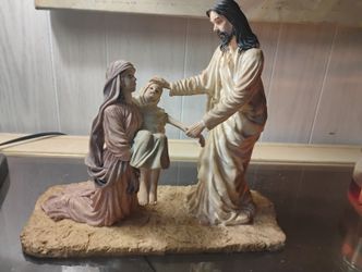 Vintage Jesus Healing & Blessing Kneeling Mother and Sick Child Figurine