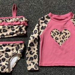New Lily & Dan Girls size 3T leopard 3 Piece bikini Swimsuit and long sleeve Rash Guard