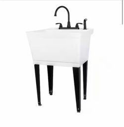 TEHILA Complete 22.875 in. x 23.5 in. White 19 Gal. Utility Sink Set with Black Metal Hybrid Faucet and Side Sprayer
