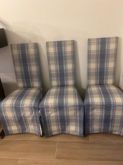 Set of 3 Coastal High-Back Dining Chairs - Blue & White Plaid