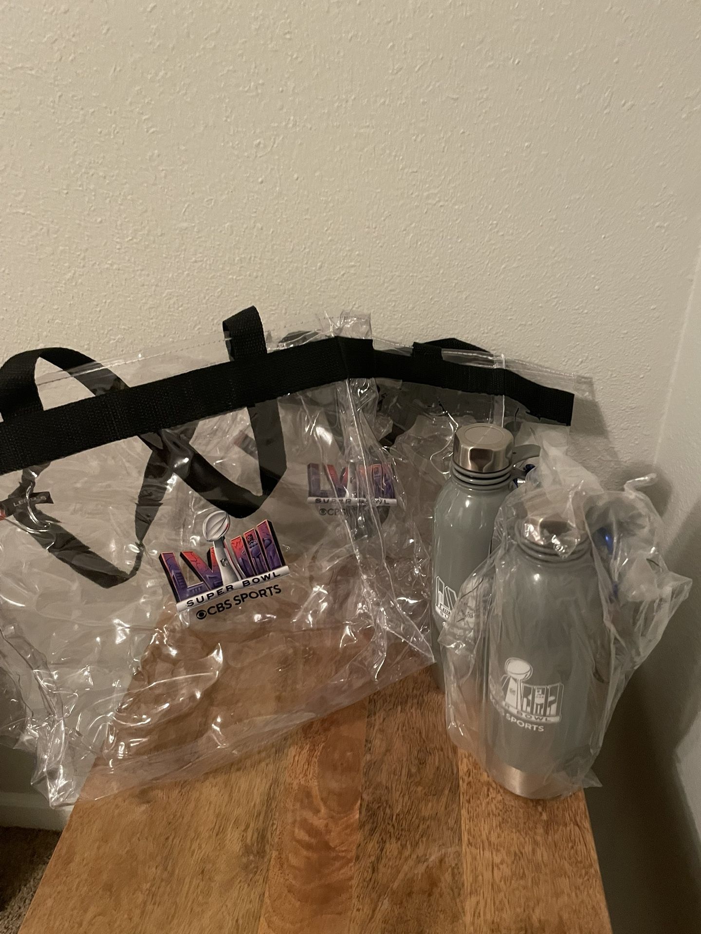 Super Bowl LVIII, Collectable Plastic Tote Bag, CBS sports NFL Football + bottle