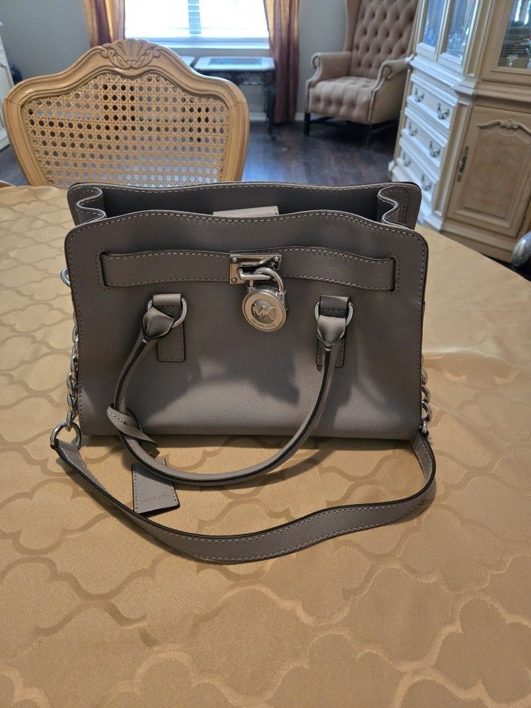 Michael Kors Hamilton Large East West Saffiano Leather Satchel Purse  DOVE GREY/ SILVER