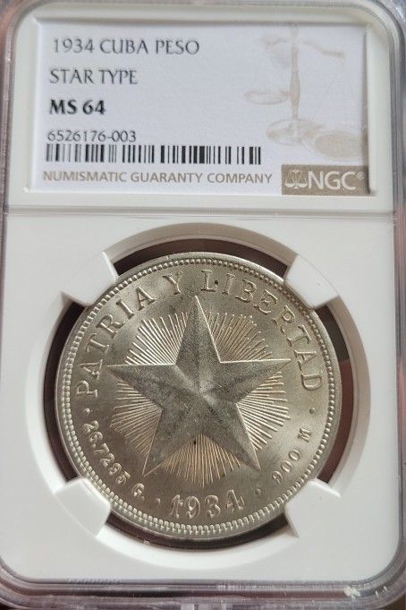 Cuba 1934 Peso MS64 Near Gem Silver Crown