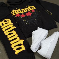Sp5der Atlanta Hoodie and matching sweatpants set in black with yellow 