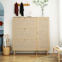 Natural Rattan Shoe Cabinet with 3 Flip Drawers and Storage Shelve