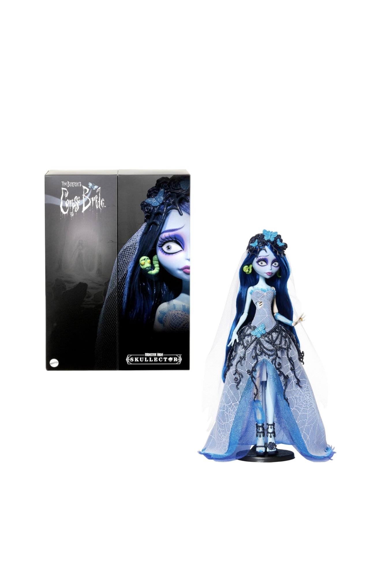Monster High Skullector Doll, Corpse Bride Emily Collectible in Gothic Spiderweb Wedding Dress with Accessories Like Gauze Veil and Doll Stand