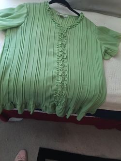 Vintage Silhouettes Mint/Lime green blouse with button down ruffles down the front, collar, and hem.