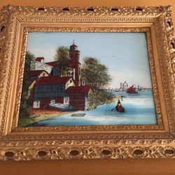 Vintage Reverse Glass Painting of Venice in Ornate Gilt Frame!