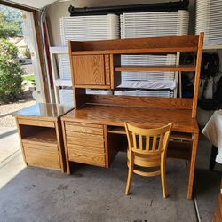 
Solid Oak Desk Set with Hutch, Chair & Matching Side Cabinet