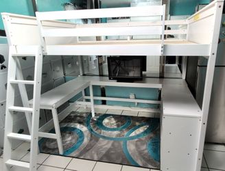 Full Size Loft Bed with desk and Shelves, Wooden Loft Bed - Bunk Bed