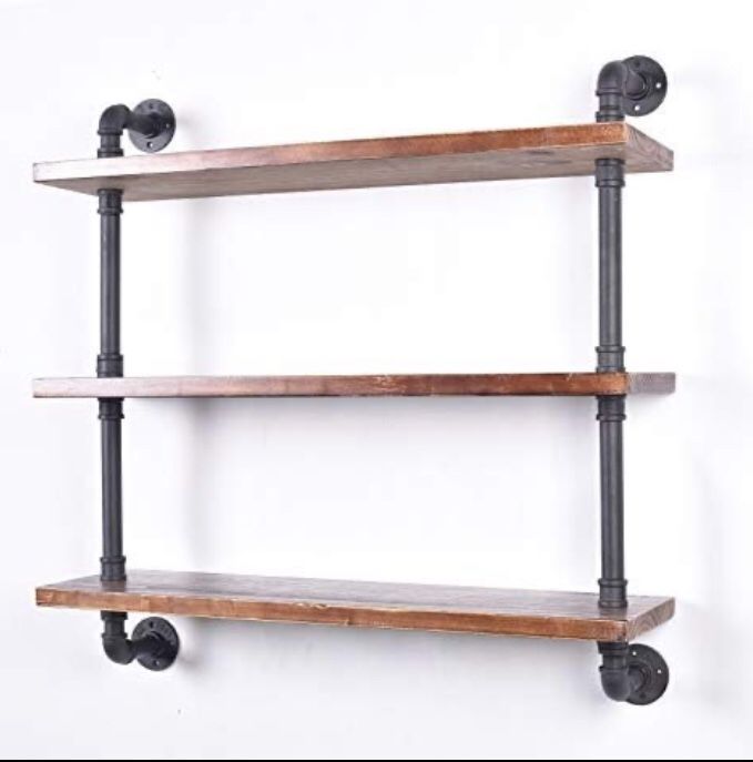 Industrial Pipe Shelving Bookshelf Rustic Modern Wood Ladder Storage Shelf 3 Tiers Retro Wall Mount Pipe